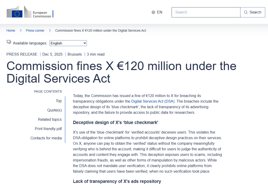 EU, X(구 트위터)에 DSA 첫 제재…1억2천만 유로 과징금