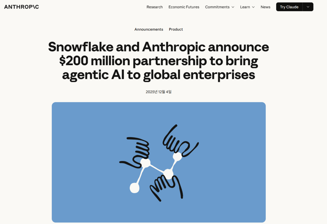 Anthropic–Snowflake, 2억 달러 초대형 전략 제휴